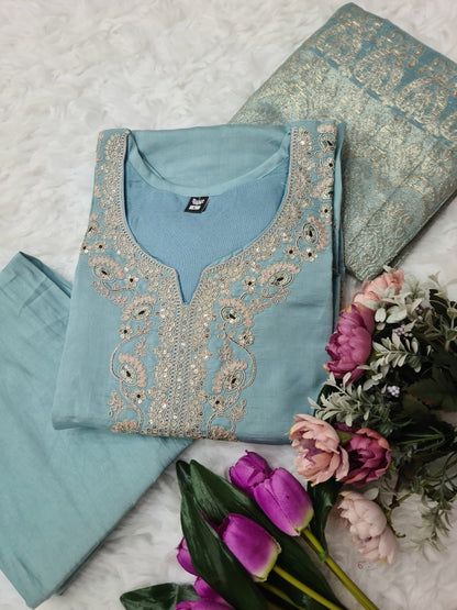 Viscose Chanderi Neck work Kurti Pant Dupatta Set - Premium  from Ethenika.com  - Just INR 2990! Shop now at Ethenika.com 