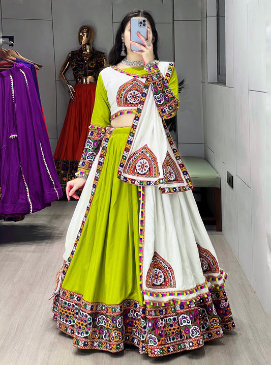 Pure Rayon Kutchi Mill Thread Work White Concept Navratri Special Designer Chaniya Choli (Ready to Wear)