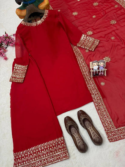 Rangoli Silk Karwa Chauth Special Designer Kurti Palazzo Dupatta Set (Ready To Wear)