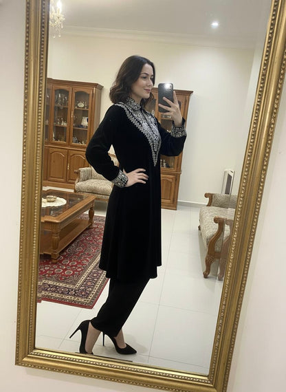 Neck Sequence Embroidery Work with Collar Velvet Cord Set