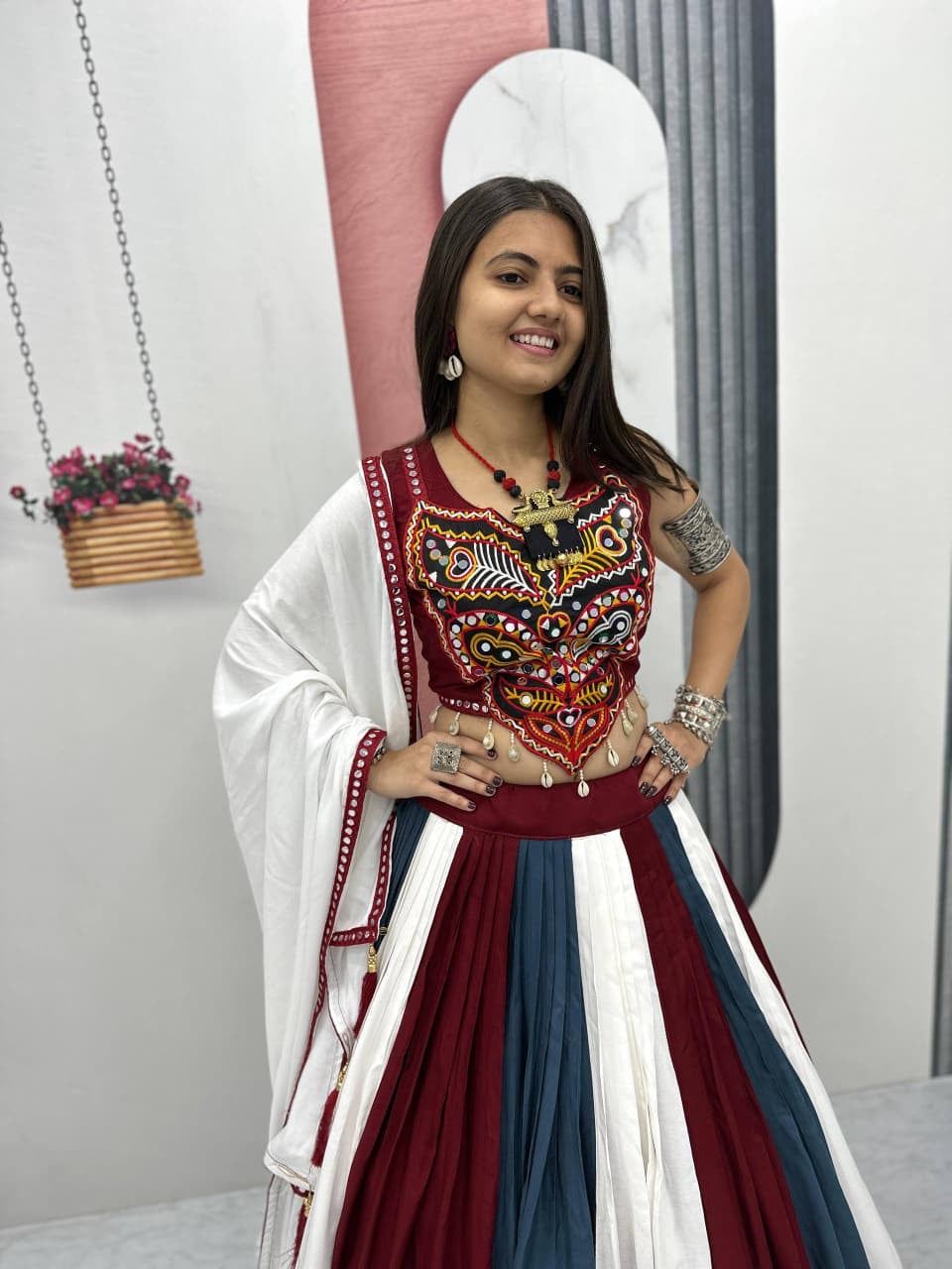 Gamthi work choli with real mirror detailing