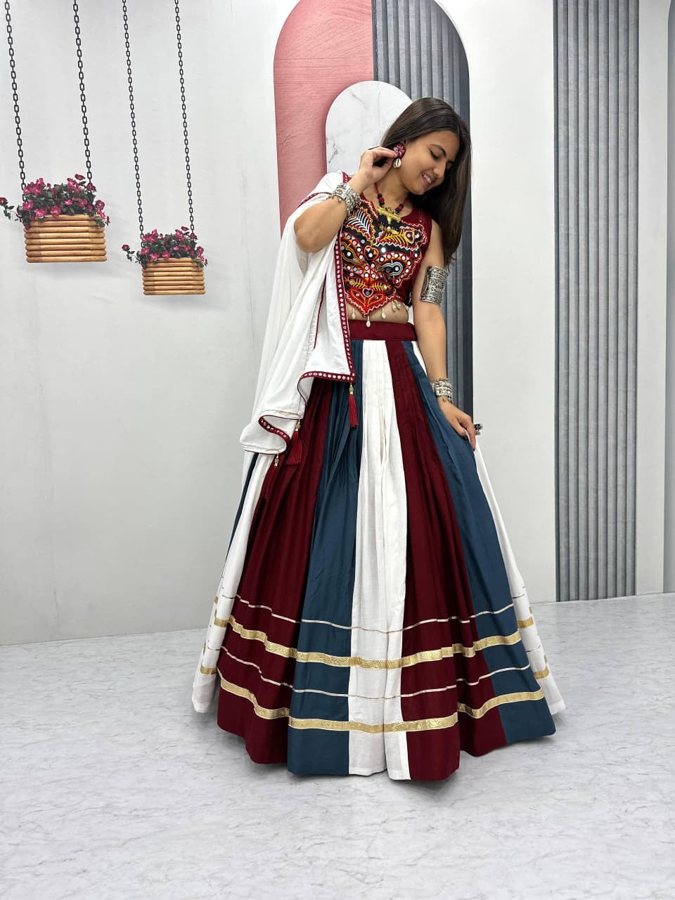 Real mirror work detail on Rayon Chaniya Choli for Garba