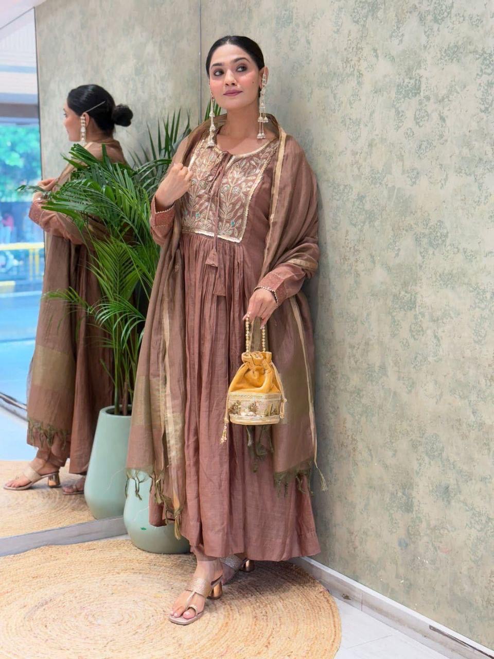 Mal Chanderi Flair Work Kurti Pant Dupatta Set (Ready to Wear)