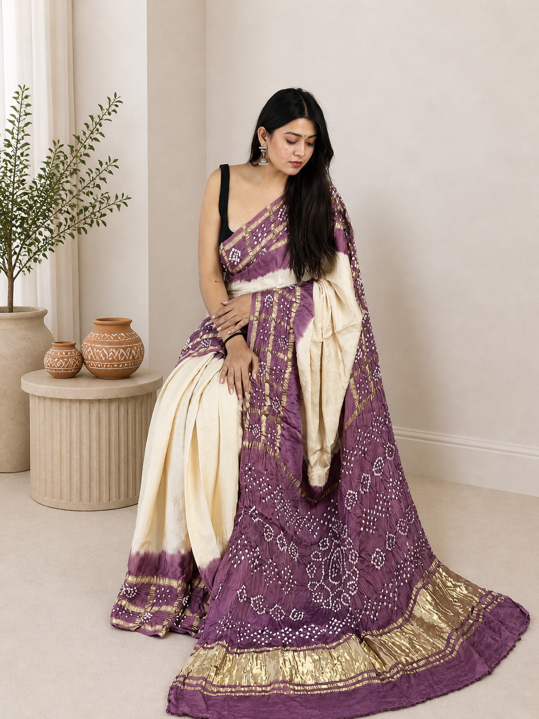 Ethenika Authentic Hand Crafted Chex Work Silk Bandhani Saree