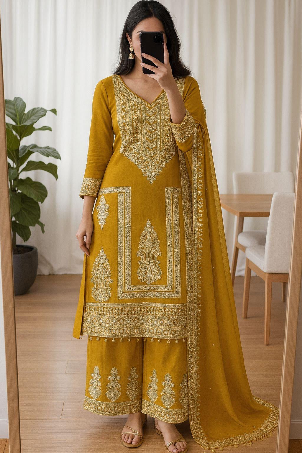 Chinon Silk Coding Dori Sequence Embroidery Work Karwa Chauth Special Designer Kurti Pant Dupatta Set (Ready to Wear)