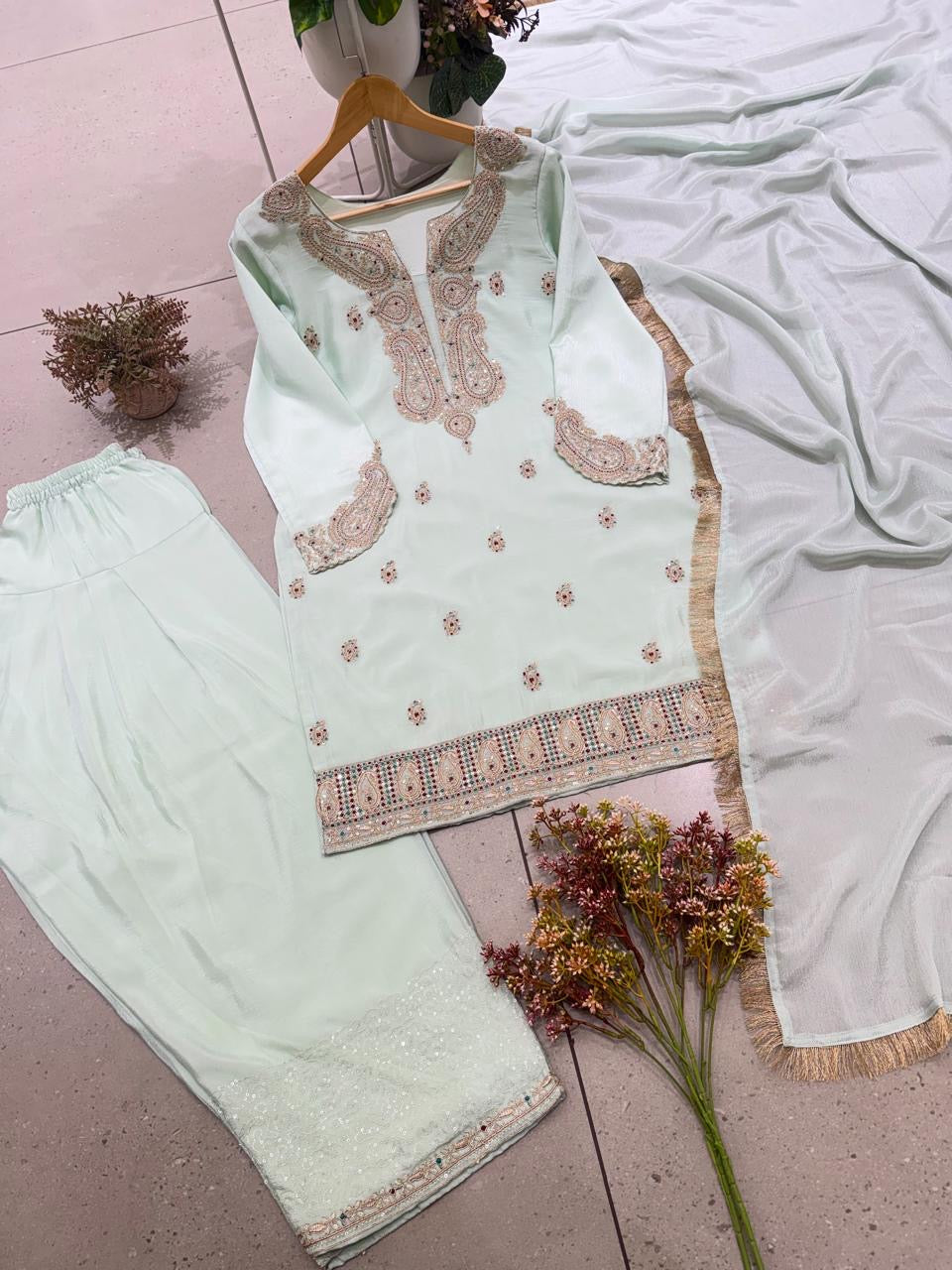 Sequence Embroidery Work Designer Ready Wear Salwar Suit Dupatta Set