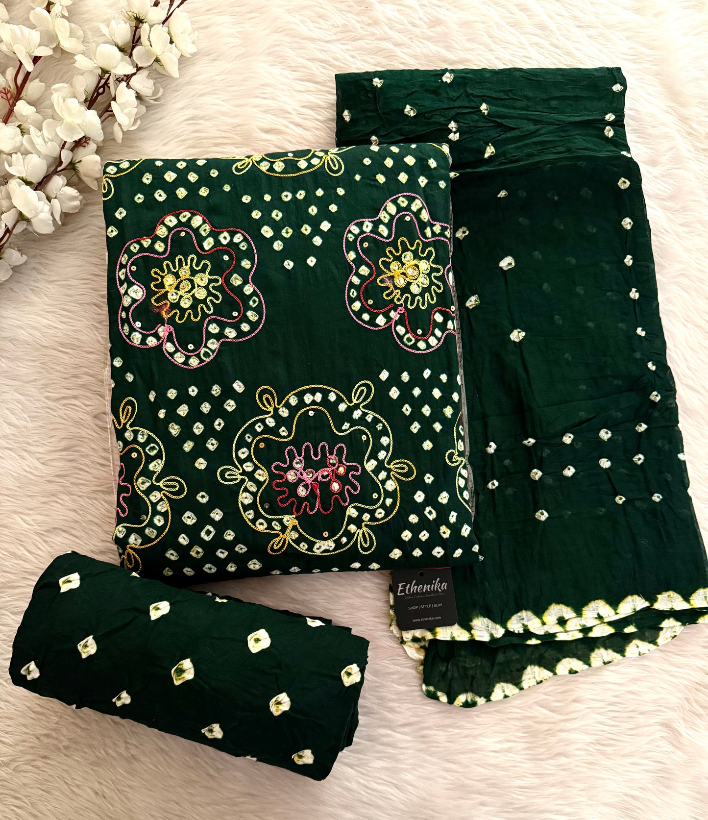 Soft Cotton Mirror Thread Work Bandhani Dress Material