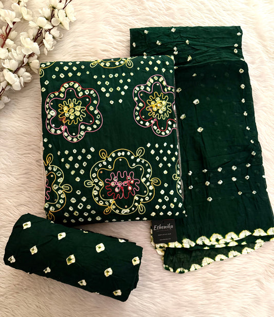 Soft Cotton Mirror Thread Work Bandhani Dress Material