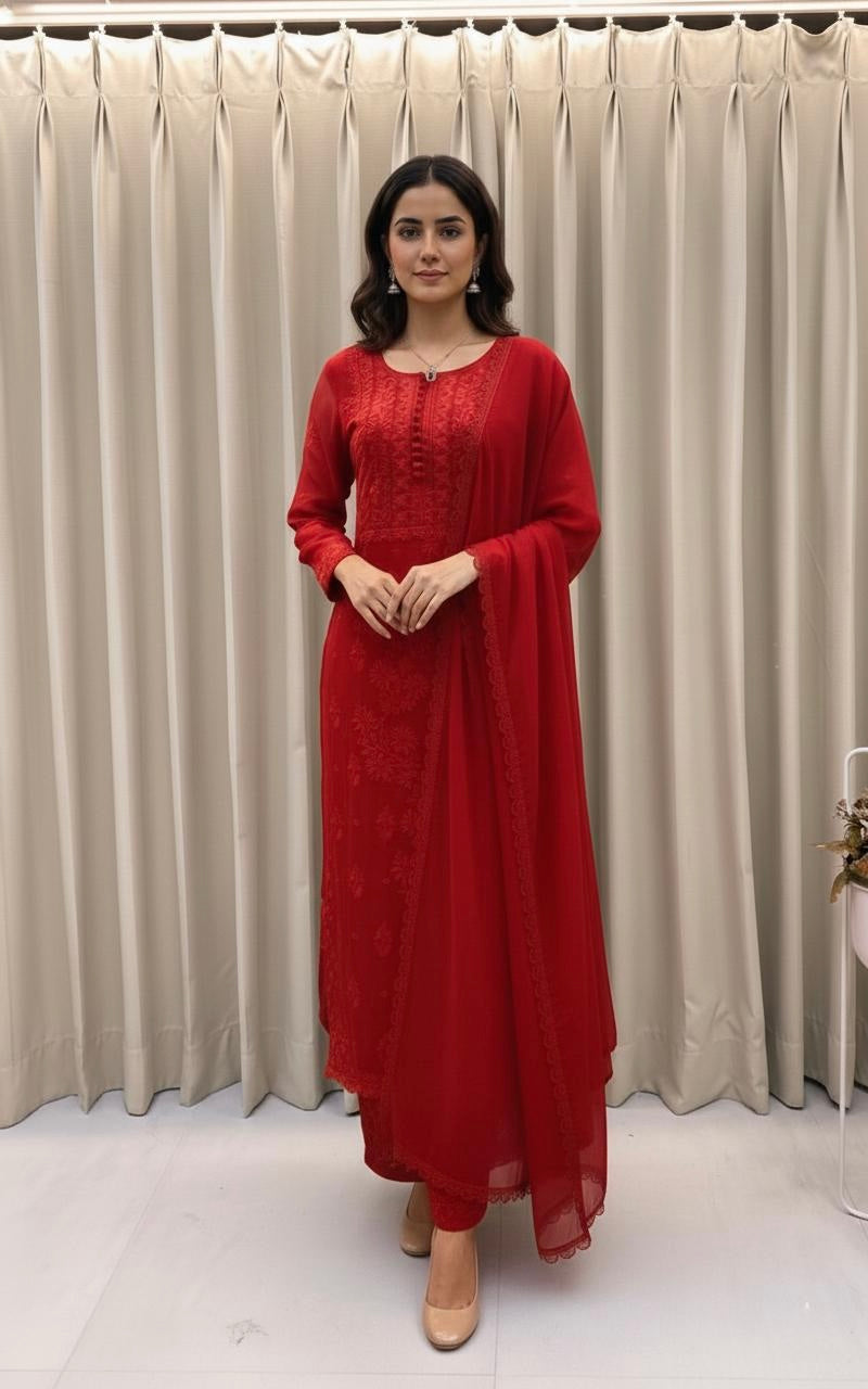 Georgette Chikankari Kurti Palazzo Dupatta Set