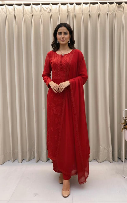 Georgette Chikankari Kurti Palazzo Dupatta Set