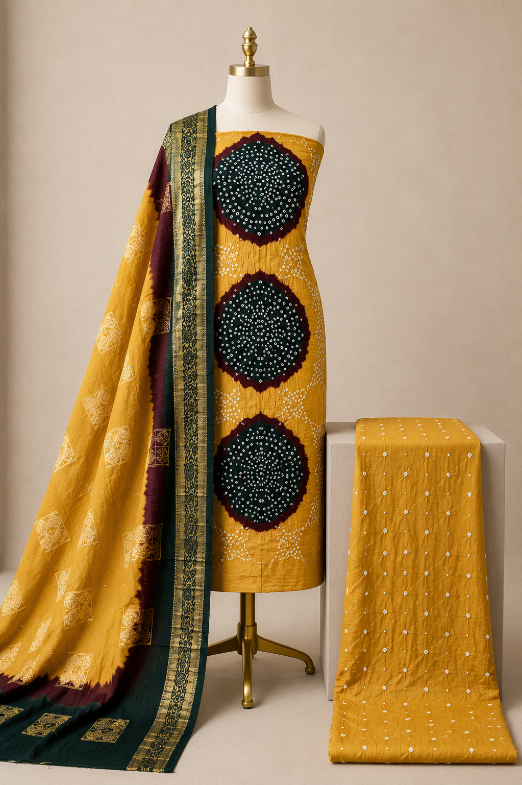 Cotton Satin Kutch Bandhani 3Pc Unstitched Dress Material