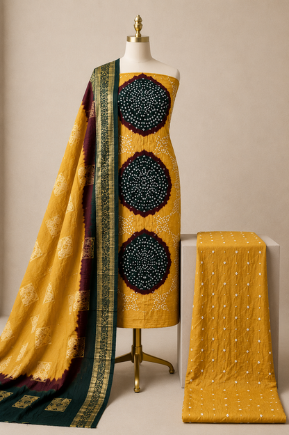 Cotton Satin Kutch Bandhani 3Pc Unstitched Dress Material