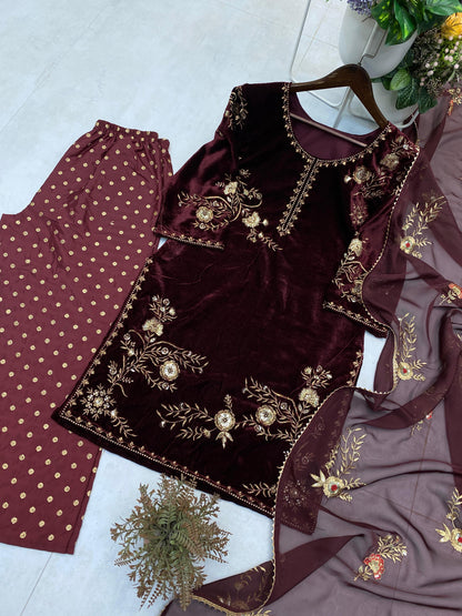 Sequence Embroidery Work Winter Special Velvet Kurti Pant Dupatta Set (Ready to Wear)