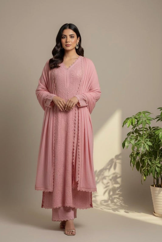 Faux Georgette Ready Wear Chikankari Kurti Pallazo Set