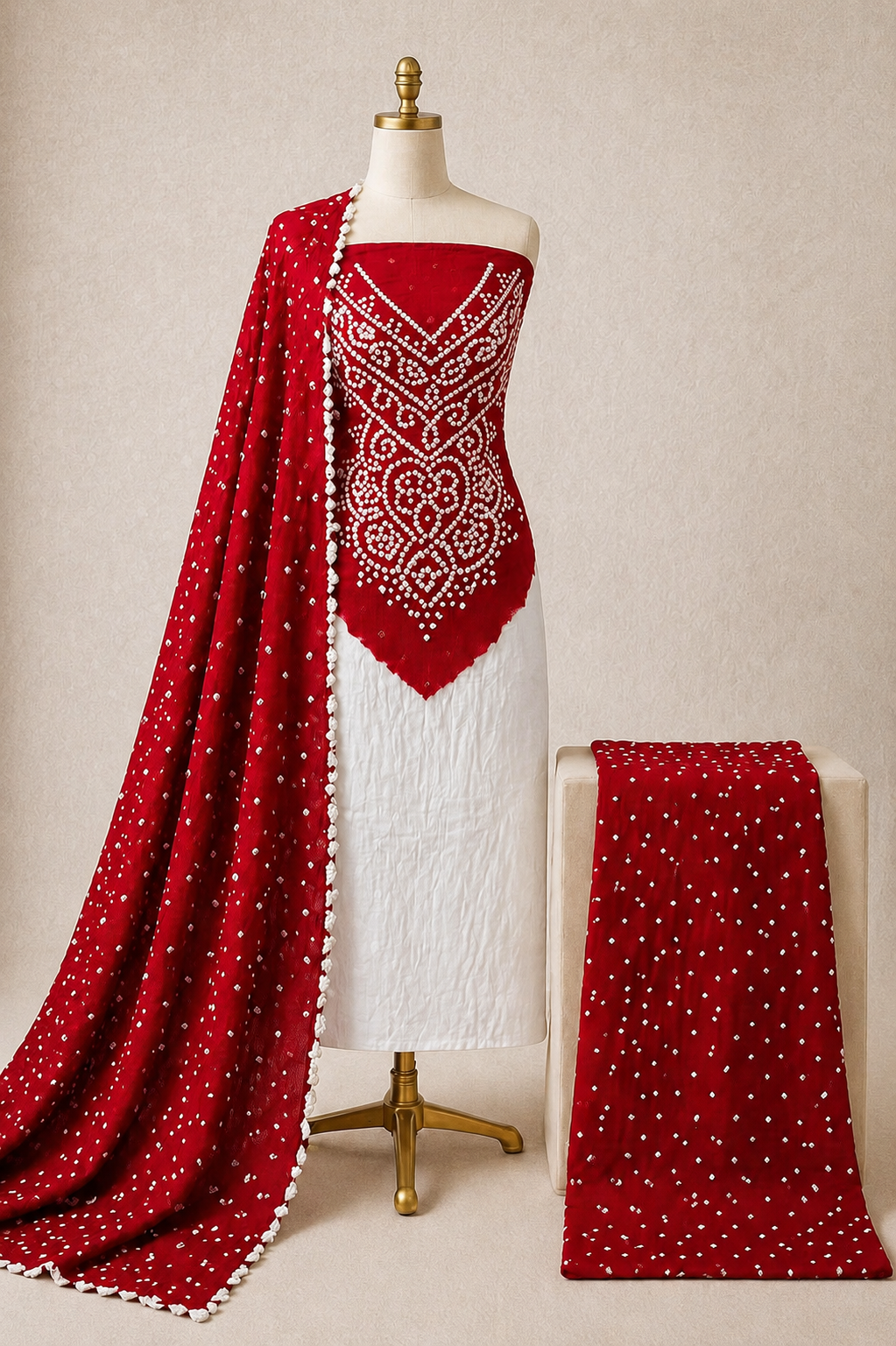 Cotton Satin Kusum Work 3pc Unstitched Bandhani Dress Material