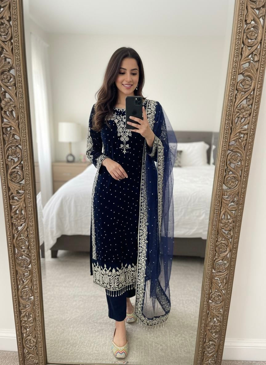 Ethenika Moti Work Designer Ready to Wear Velvet Kurti Pant Dupatta Set