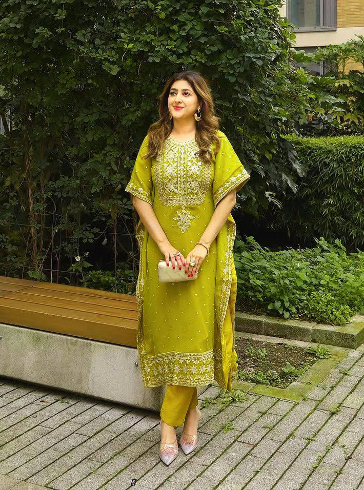 Faux Georgette Zari Embroidery Work Designer Kurti Pant Dupatta Set (Ready to Wear)