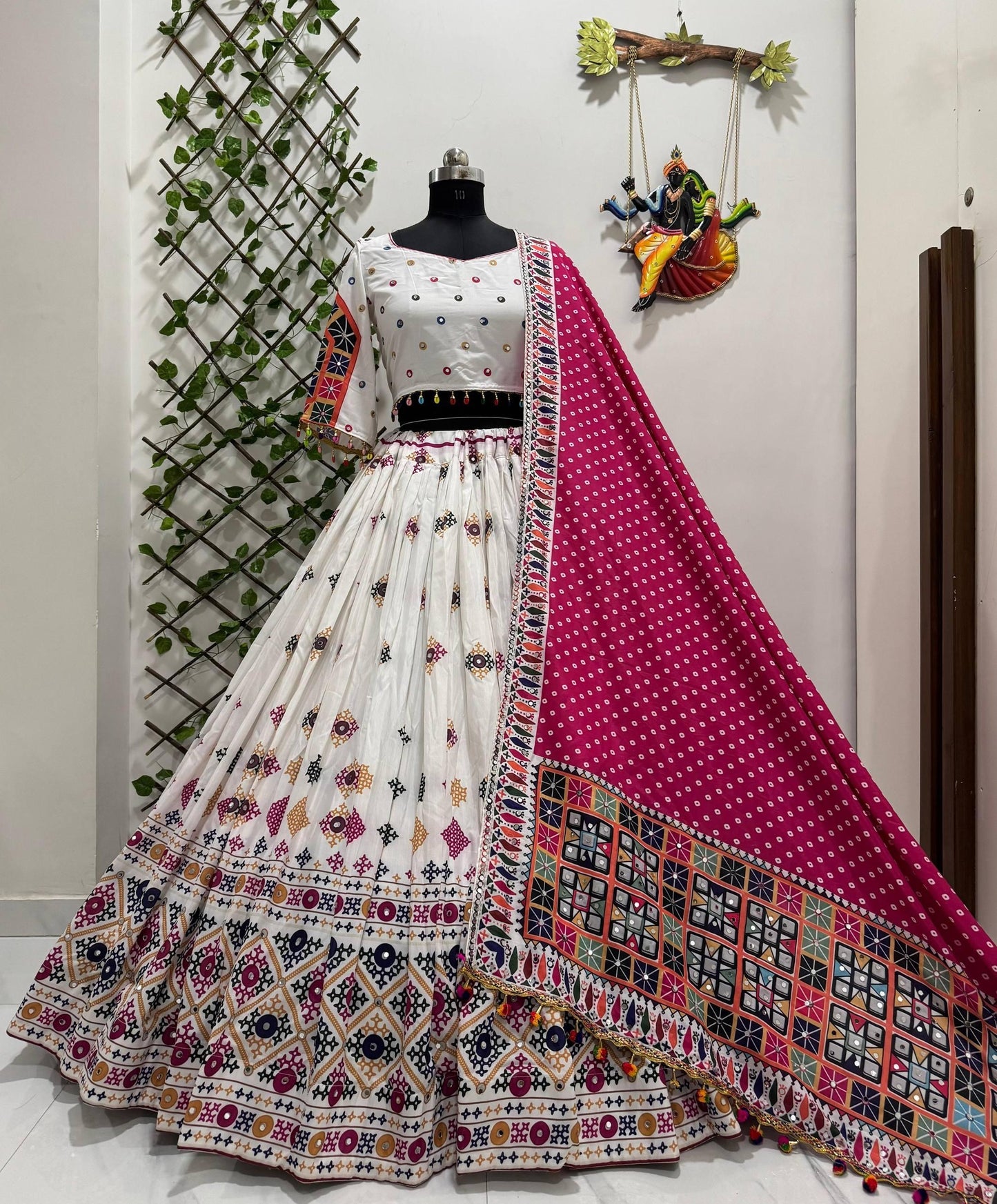 Muslin Digital Print With Mirror Work White Concept Navratri Special Designer Chaniya Choli