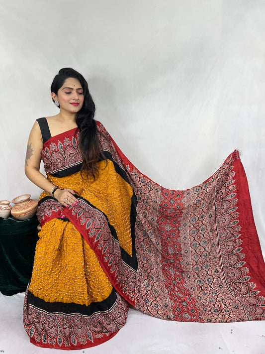 Pure Modal Silk Ajrakh Block Print with Bandhani Work Saree