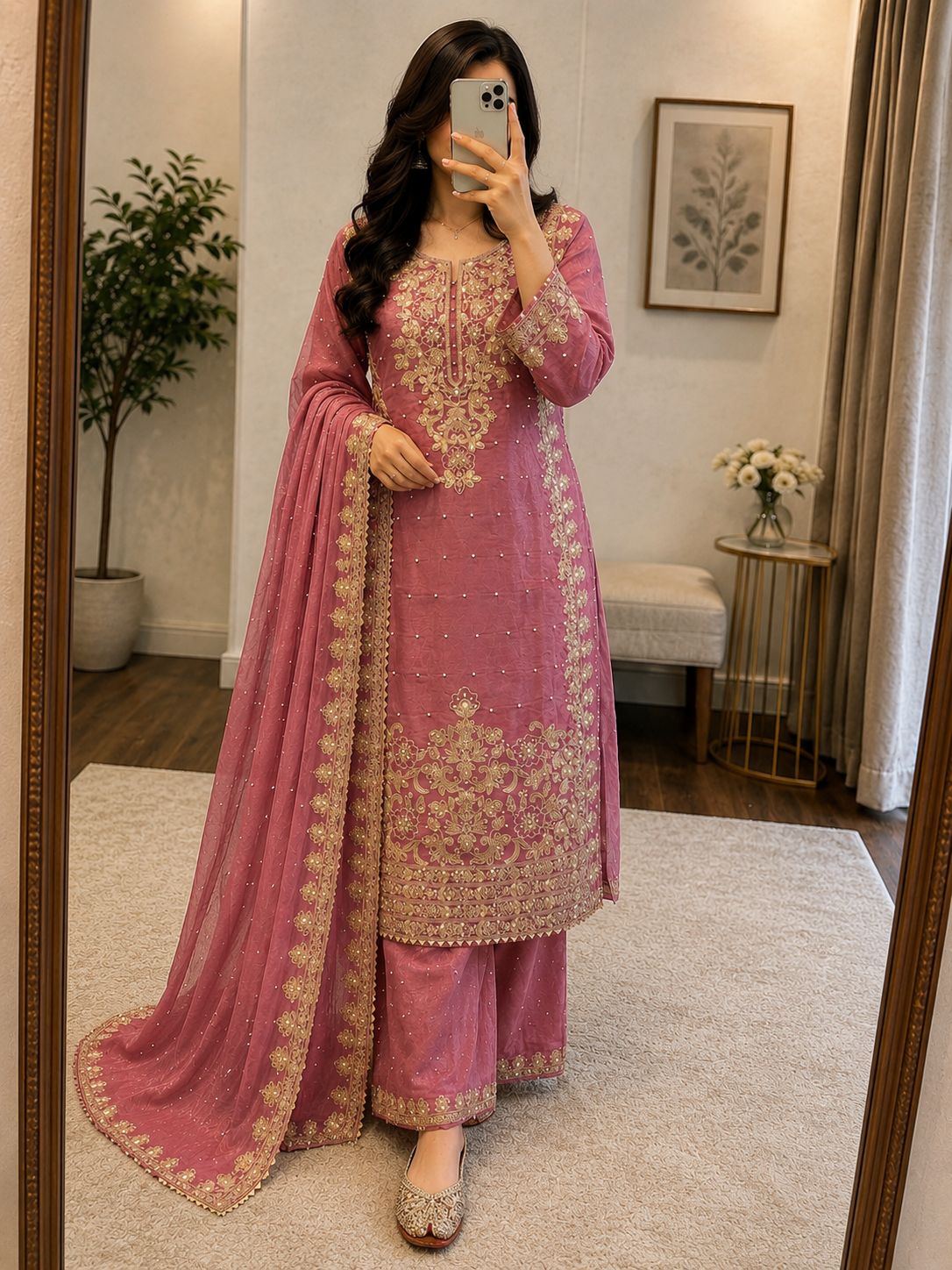 Moti Work Designer Kurti Set – GMY Silk Embroidered 3Pc Suit with Palazzo & Dupatta