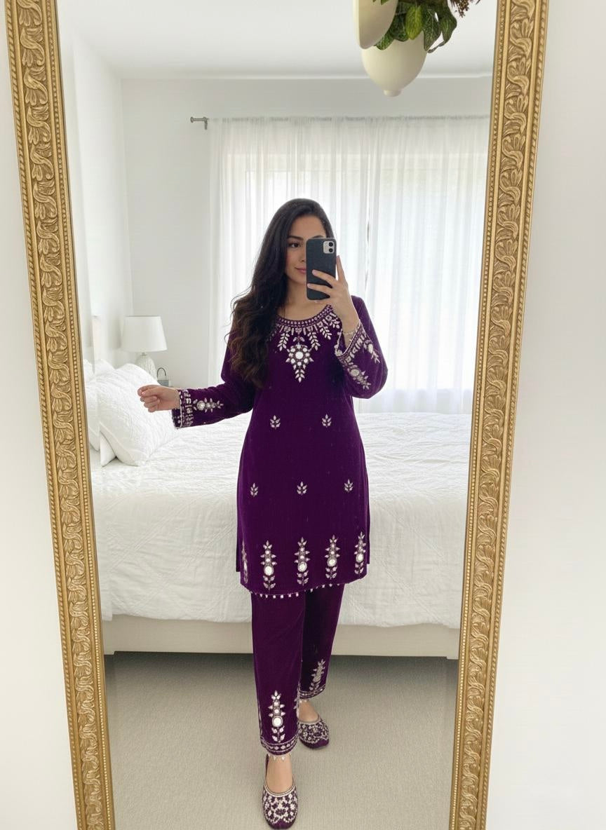 Ethenika Real Mirror Work Velvet Cord Set