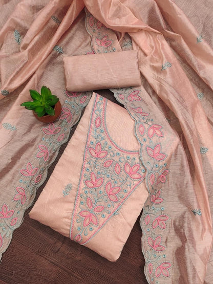 Chanderi Neck Embroidery Work Unstitched Salwar Suit Dupatta for Summers