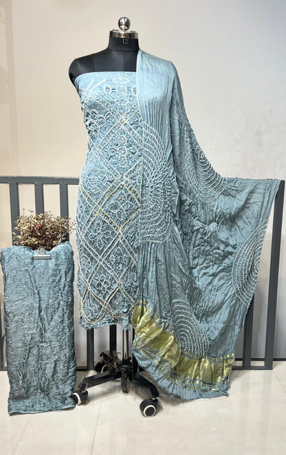 Modal Silk Original Kutch Hand Crafted Barik Bandhej Work Silk Bandhani Dress Material (Unstitched)