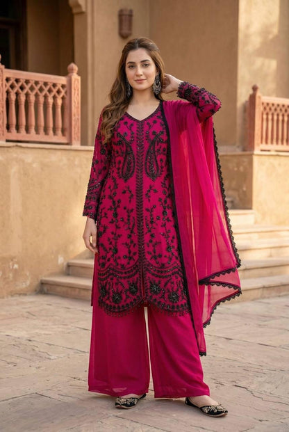 Faux Georgette Designer 3 Pc Kurti Pant Dupatta Set