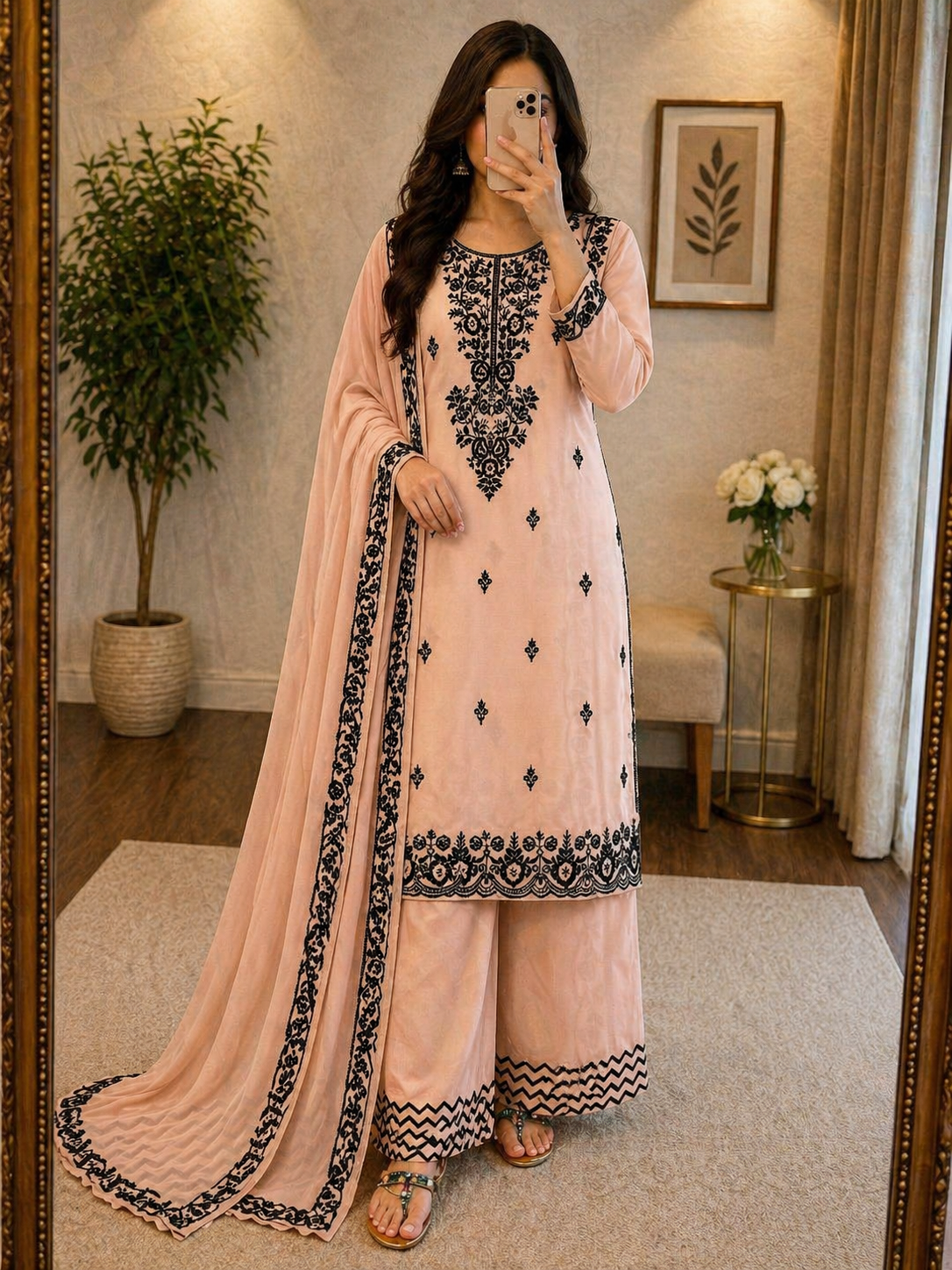 Rayon Chikankari Embroidery Work Kurta Farshi Salwar Dupatta Set