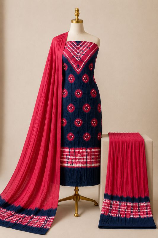 Pure Cotton Multicolor Kutch Bandhani 3Pc Unstitched Dress Material
