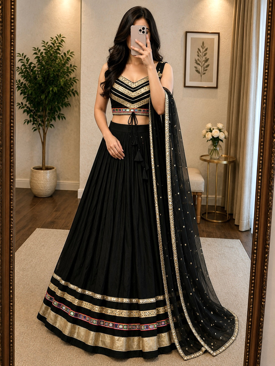 Pure Cotton Gamthi Mirror Work Designer Chaniya Choli – 6 Meter Flair, Navratri Special