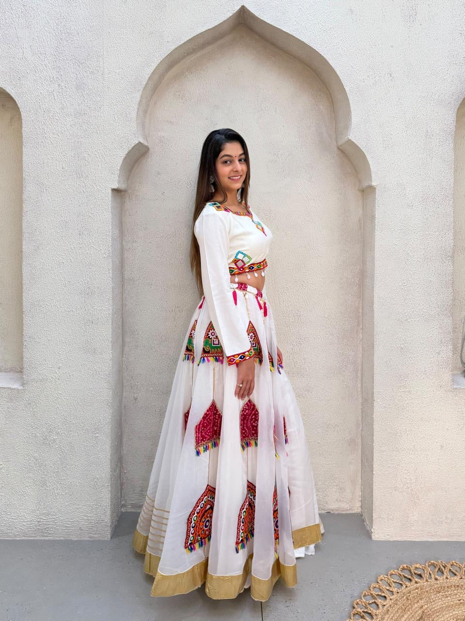 White rayon Chaniya Choli ready to wear for Navratri - side view
