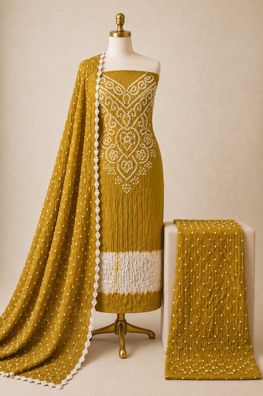 Cotton Self Color Kusum Work 3Pc Unstitched Bandhani Dress Material