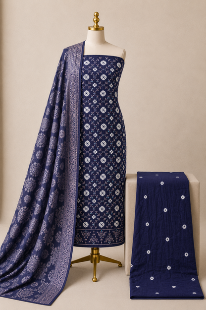 Unstitched 3-piece Bandhani salwar suit fabric in cotton satin