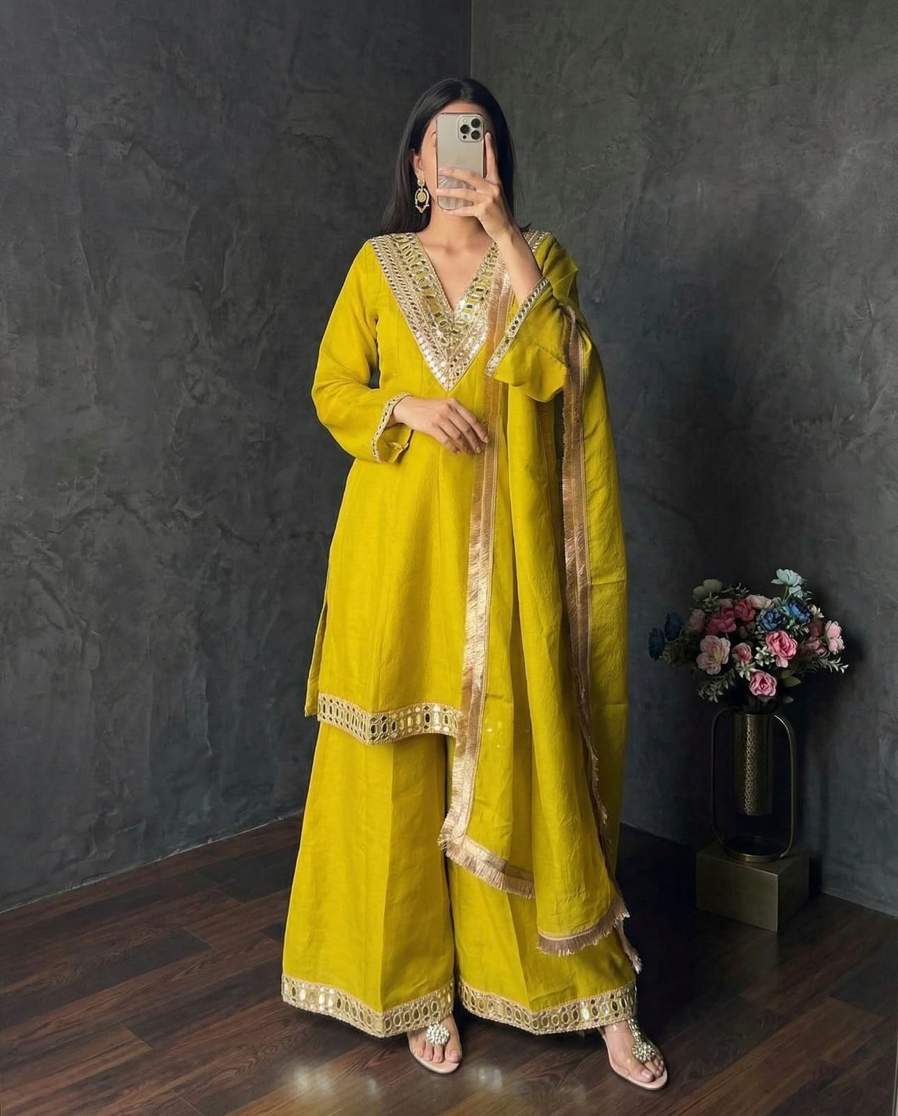 Shimmer Silk Mirror Work 3Pc Designer Kurti Pant Dupatta Set