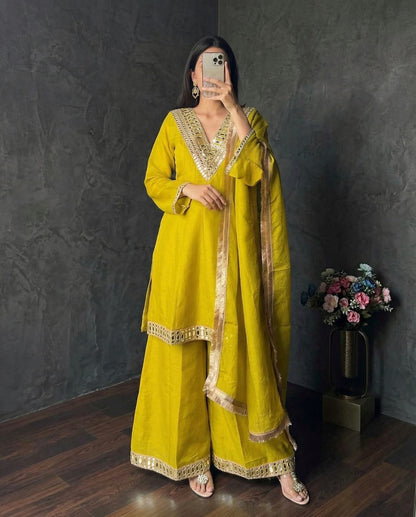 Shimmer Silk Mirror Work 3Pc Designer Kurti Pant Dupatta Set