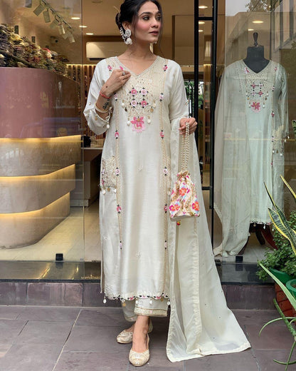 Pure Roman Silk Sequence Embroidery with Kodi Work Summer Special Kurti Pant Dupatta Set - Premium  from Ethenika.com  - Just INR 3090! Shop now at Ethenika.com 