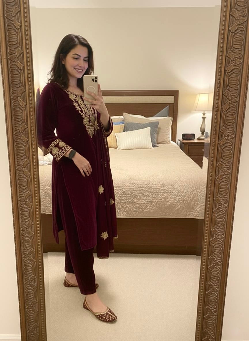 Ethenika Originals Velvet Designer Party Ready Wear Kurti Pant Dupatta Set