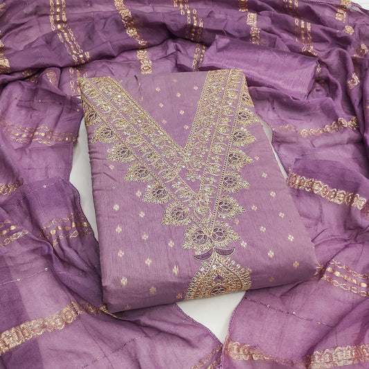 Chanderi Neck Sequence Embroidery Work Dress Material (Unstitched)