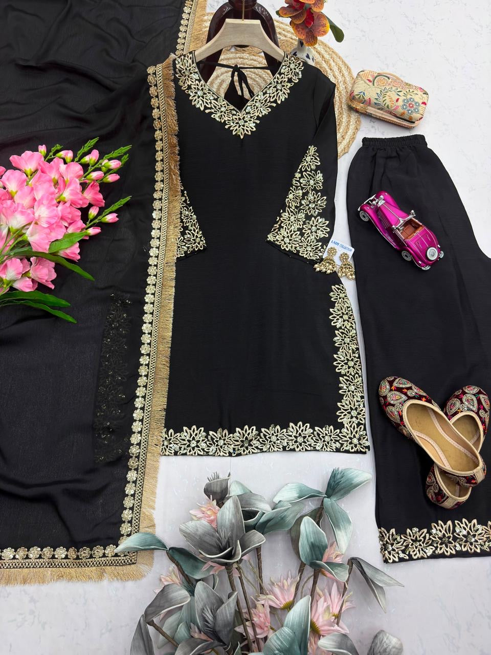 Chinon Silk Embroidery Kurti Palazzo Dupatta | Ready to Wear