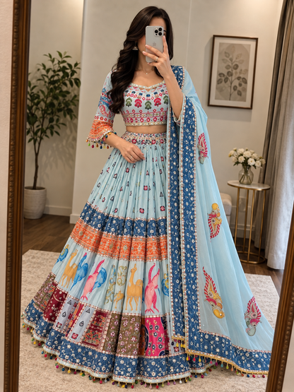 Blue muslin digital print mirror work Chaniya Choli for Navratri - front view
