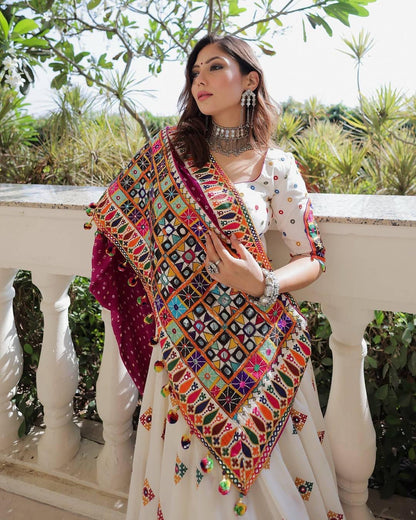 Muslin Digital Print With Mirror Work White Concept Navratri Special Designer Chaniya Choli