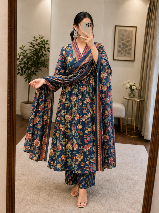 Soft Cotton Floral Print Work Flair Kurti Pant Dupatta Set (Ready to Wear)