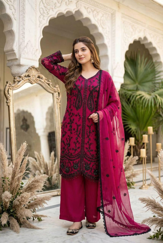 Faux Georgette Designer 3 Pc Kurti Pant Dupatta Set