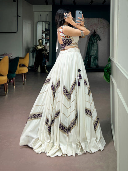 White rayon heritage print lehenga for Dandiya - close-up