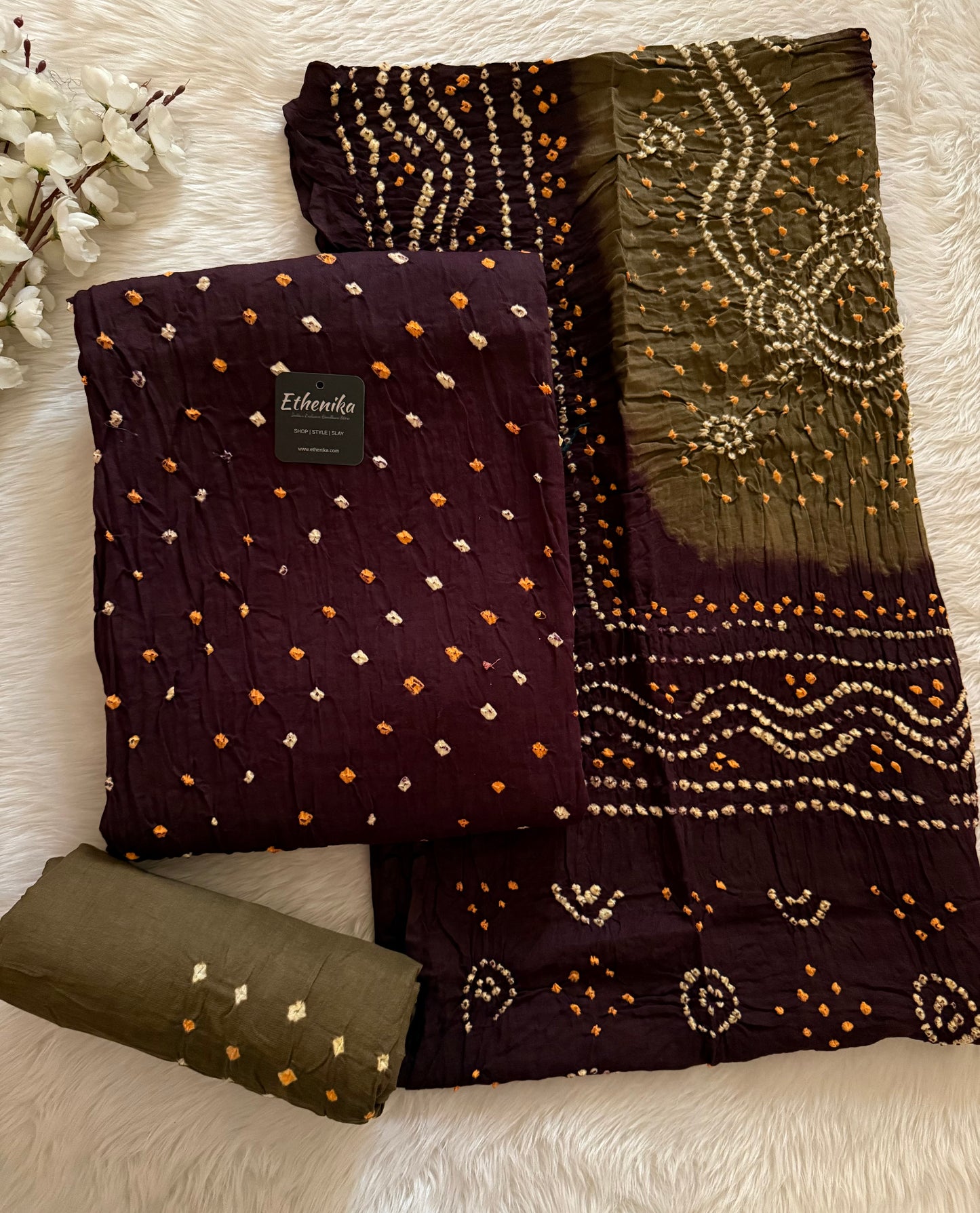 Cotton Satin Heavy Bandhej Work Contrast Kutch Bandhani Dress Material (Unstitched)