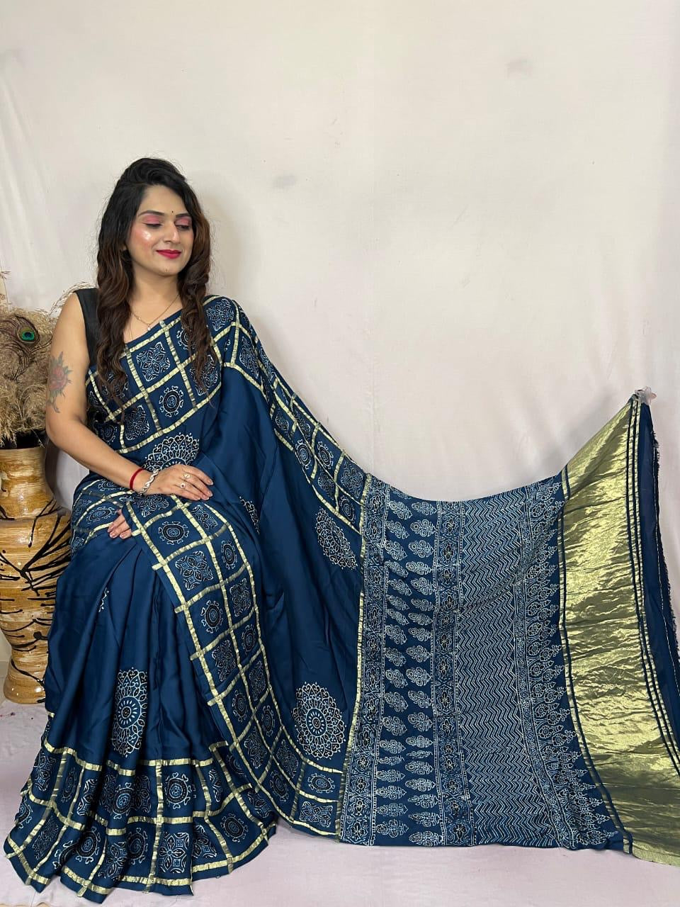 Modal Silk Original Hand Blocked Ajrakh work Lagdi Pallu Saree - Premium  from Ethenika.com  - Just INR 5990! Shop now at Ethenika.com 