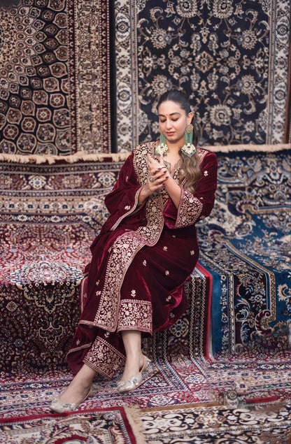 Ethenika Designer Embroidery Work Velvet Kurti Pant Dupatta Set (Ready to Wear)