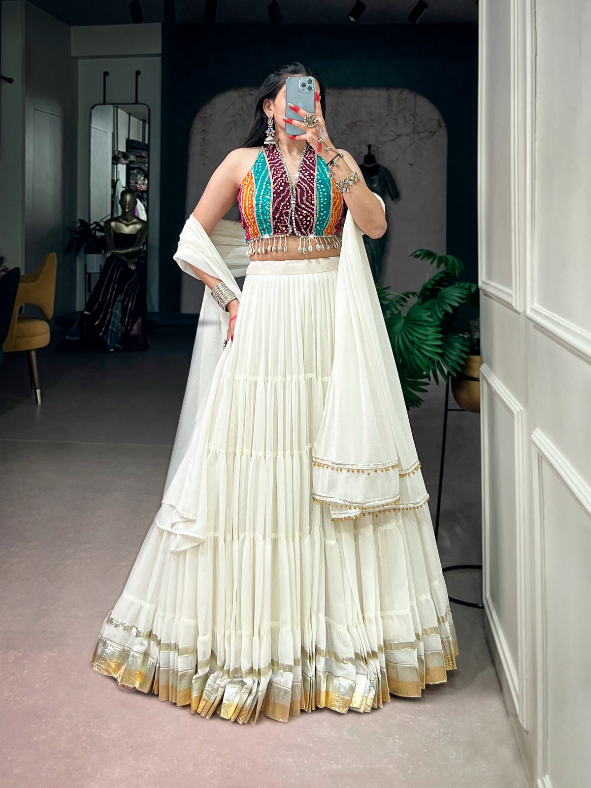 White Bandhani Mirror Work Chaniya Choli - front view
