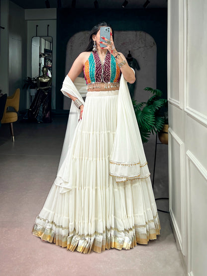 White Bandhani Mirror Work Chaniya Choli - front view